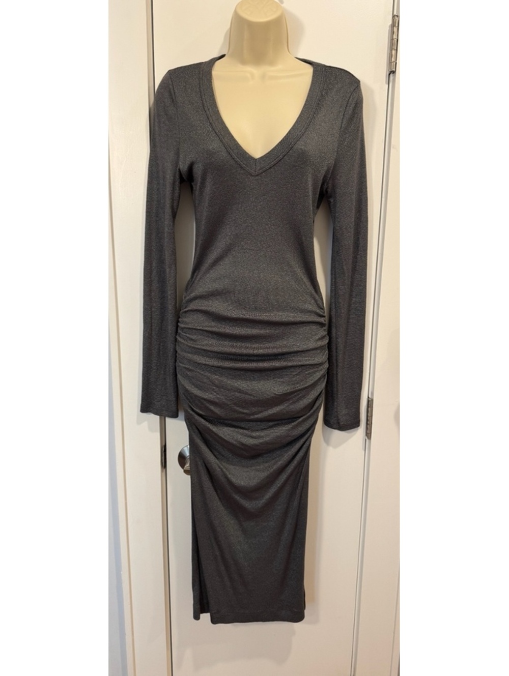 Michael Stars Long Sleeve Ruched Midi Dress in Charcoal Gray, Size S